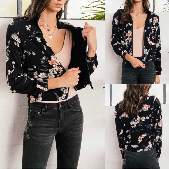 Jaase Jackets & Blazers - JAASE Small Black Crane Floral Zip Bomber Jacket